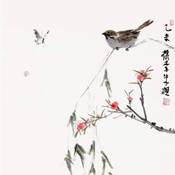 朱樵中国画《一只麻雀的春夏秋冬》